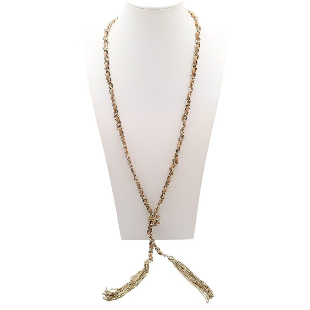 WHITE HOUSE BLACK MARKET Gold Tone Leather Tassel Knot Chain Necklace WHBM
